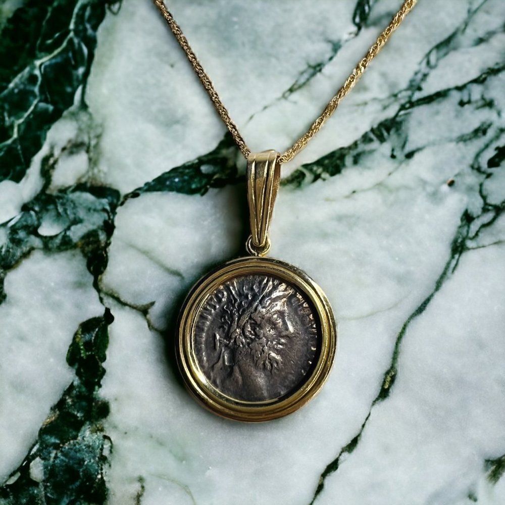 14k Gold Ancient Coin Necklace 18" Silver Roman Emperor Commodus 177-192 AD 5.7g - Picture 4 of 16